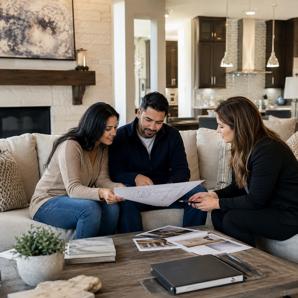 Frisco Texas homeowners reviewing renovation plans and housing options in a modern living room