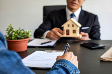A client signing real estate documents across a desk from a realtor holding a miniature house model, representing a home sale or purchase transaction.