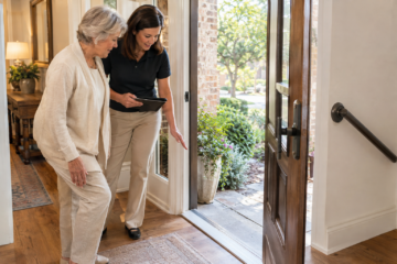 Woman in her early 70s discussing a practical accessibility improvement with a friendly home-accessibility professional